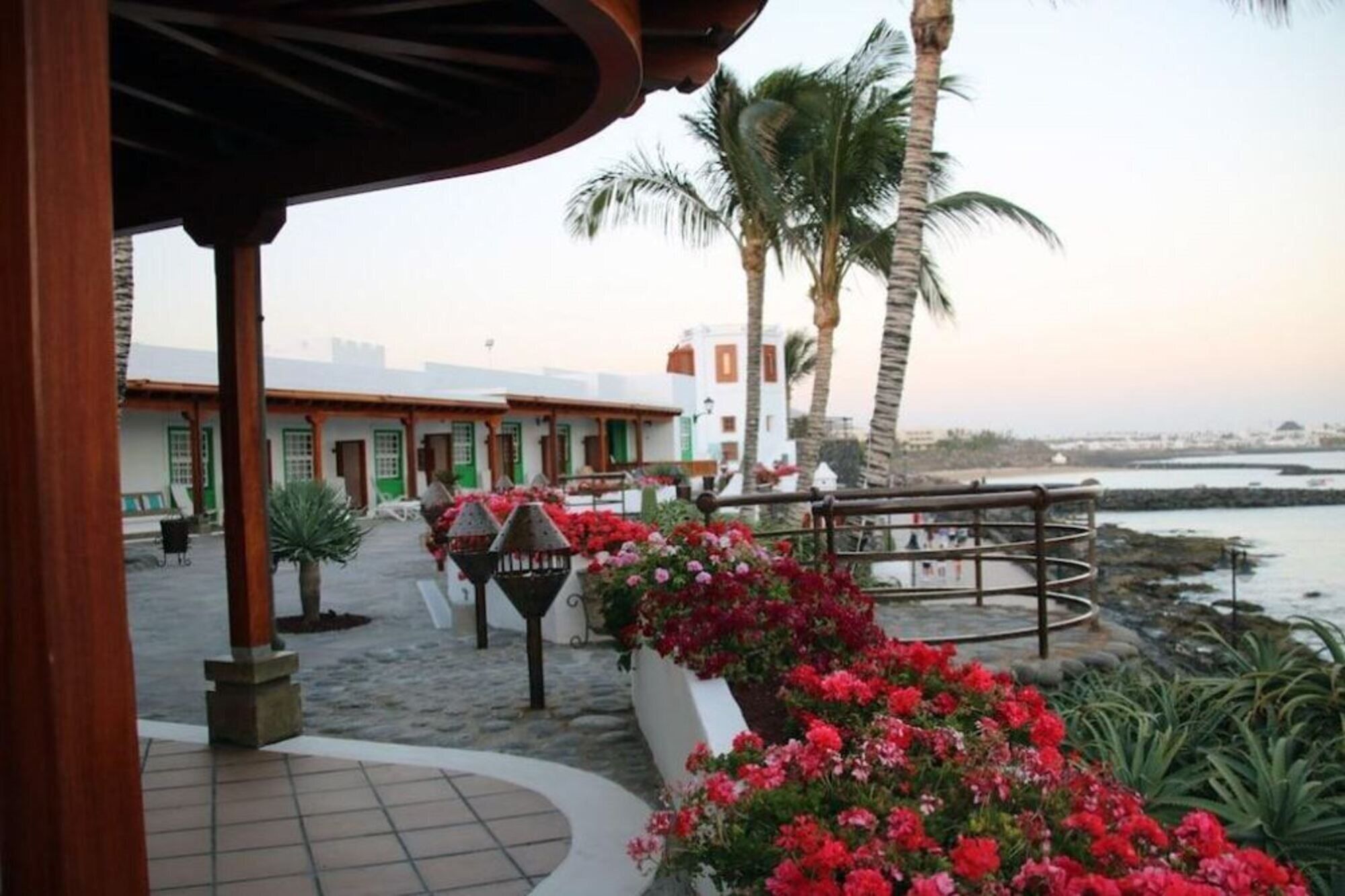 Een kusthotel met een terras, rode bloemen en palmbomen.
