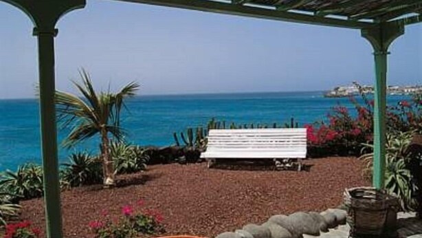 Un espace extérieur aménagé, abrité et doté d’un banc, de palmiers et d’une vue sur la mer.