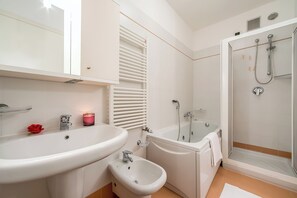 Combined shower/tub, hair dryer, towels