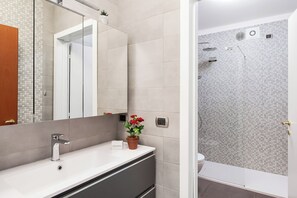 Combined shower/bathtub, hair dryer, towels