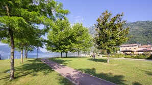 Un parc amb un camí pavimentat, arbres i un edifici al fons.