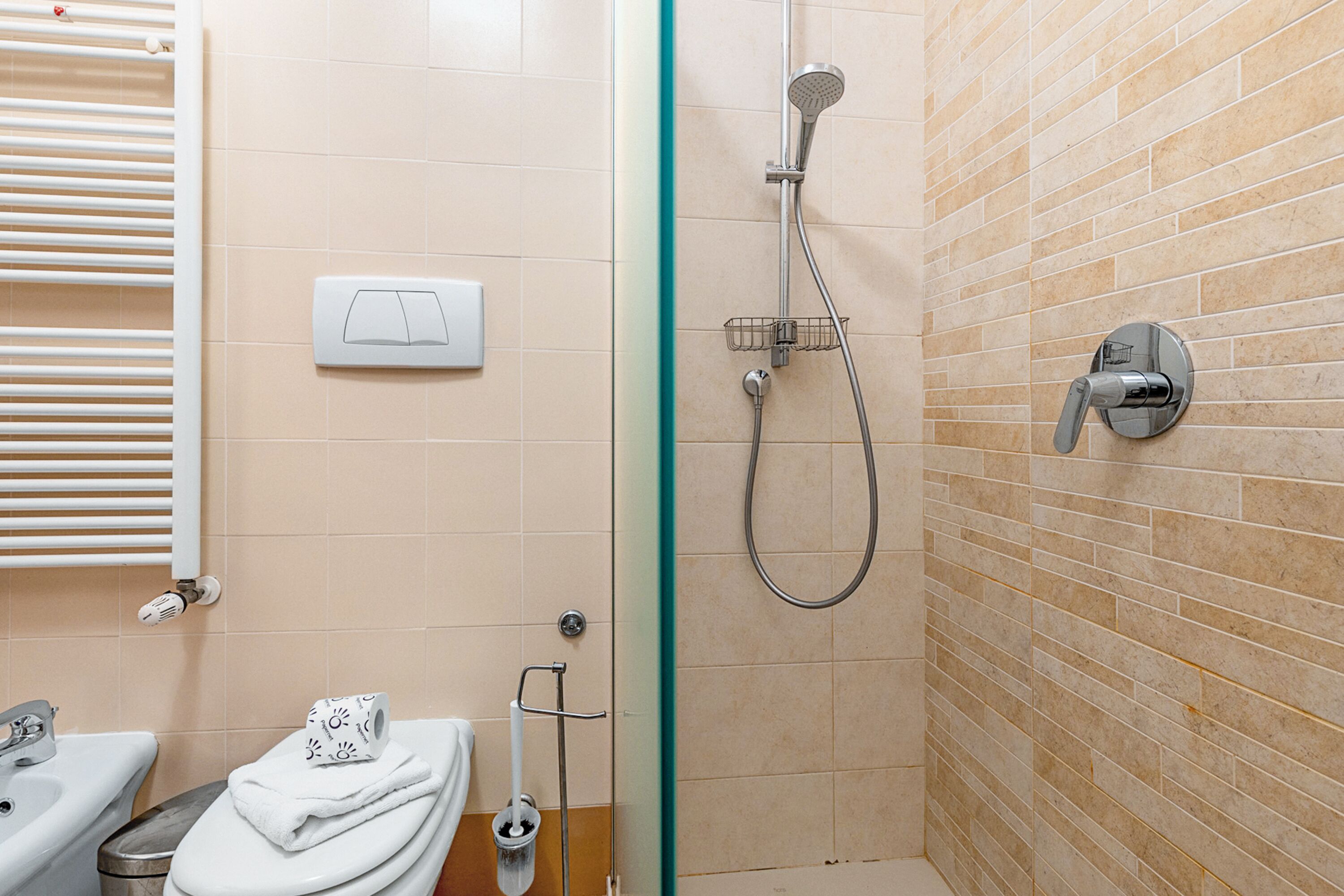 Een badkamer met toilet, douche en bidet.