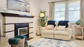 TV, fireplace, books