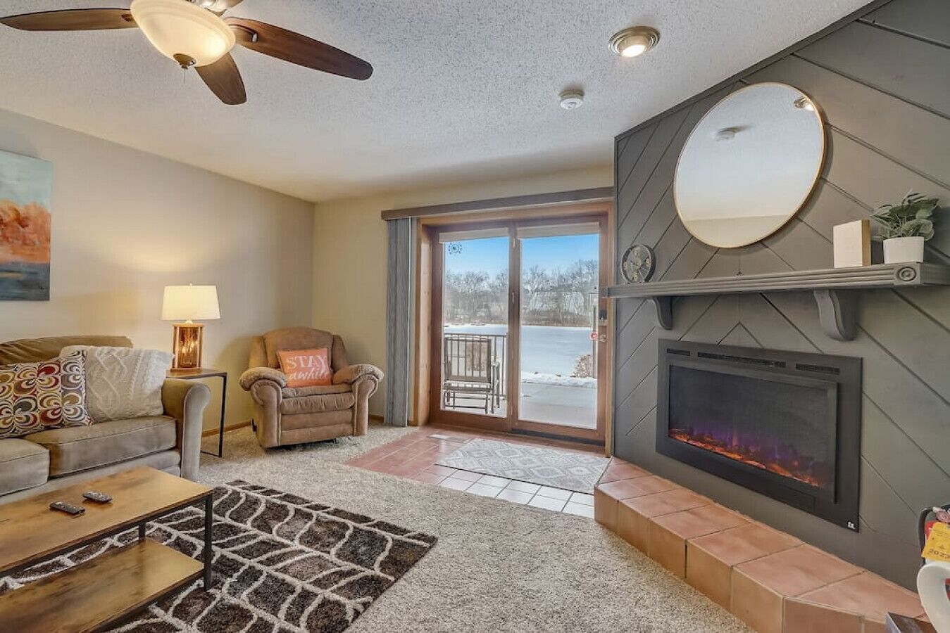 Smart TV, fireplace, books