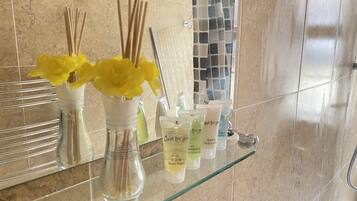 Hair dryer, towels, soap, shampoo