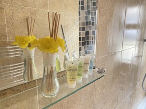 Secadora de cabello, toallas, jabón, shampoo