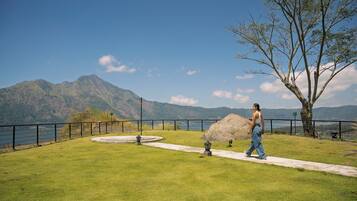 A grassy area with a walking path, a large rock, and a tree.