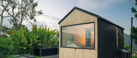 A modern cabin with a large window, surrounded by lush greenery and a clear sky.