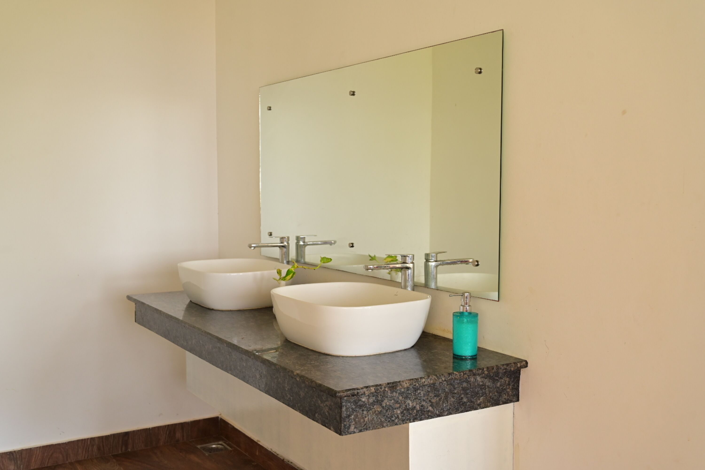 A bathroom with two white sinks, a granite countertop, a mirror, and a green soap dispenser.