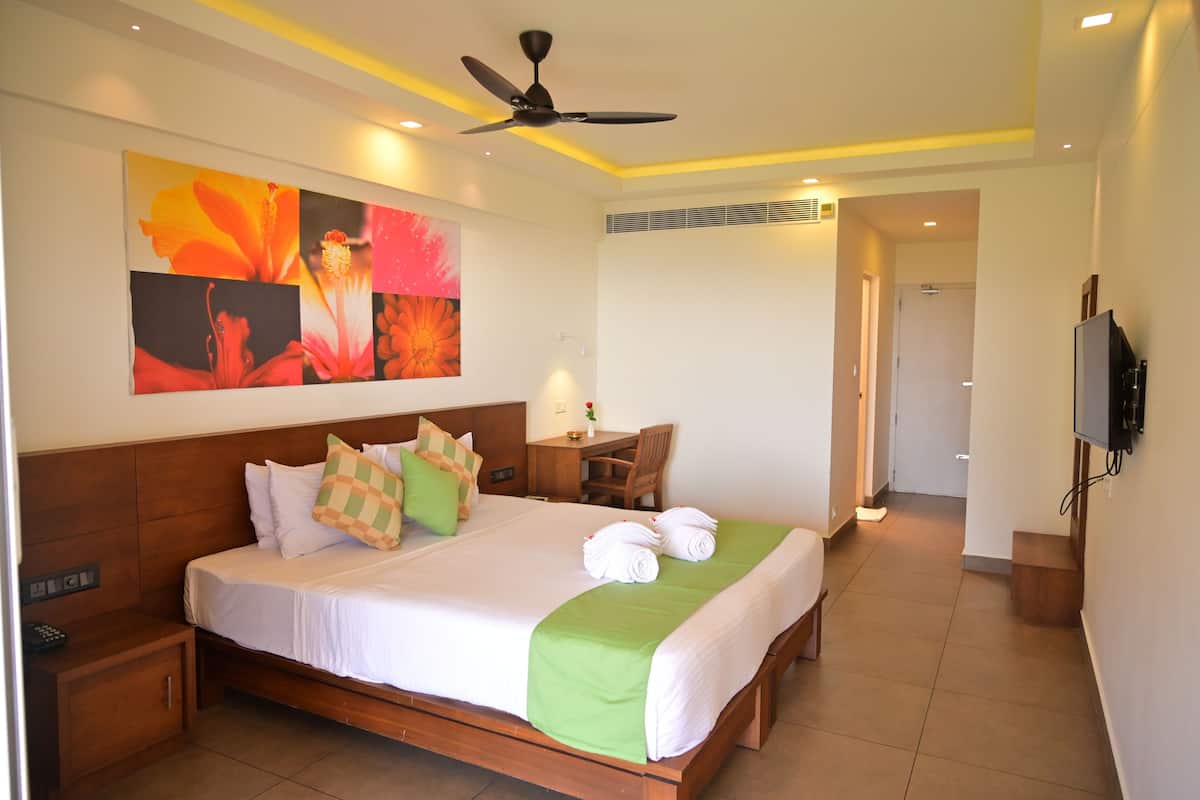 A hotel room with a large bed, a desk, a chair, a TV, and a ceiling fan.
