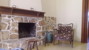 Una chimenea de piedra con repisa de madera, un sillón estampado con motivos florales y un cojín de cuadros.