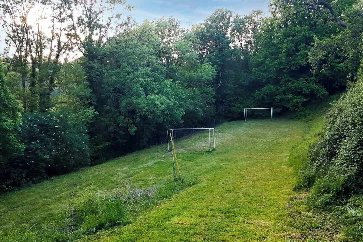 Un espacio cubierto de césped con dos porterías de fútbol rodeado de árboles frondosos.