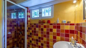 Shower, hair dryer, shampoo