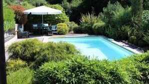 Piscina rectangular rodeada de abundante vegetación y un patio con mesa y sillas bajo un paraguas blanco.