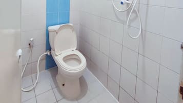 Shower, free toiletries, slippers, towels