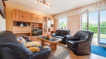 TV, fireplace, books, stereo