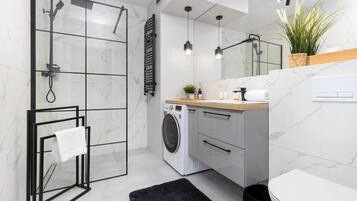 Shower, hair dryer, towels, shampoo