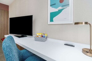 Desk, laptop workspace, blackout curtains, iron/ironing board