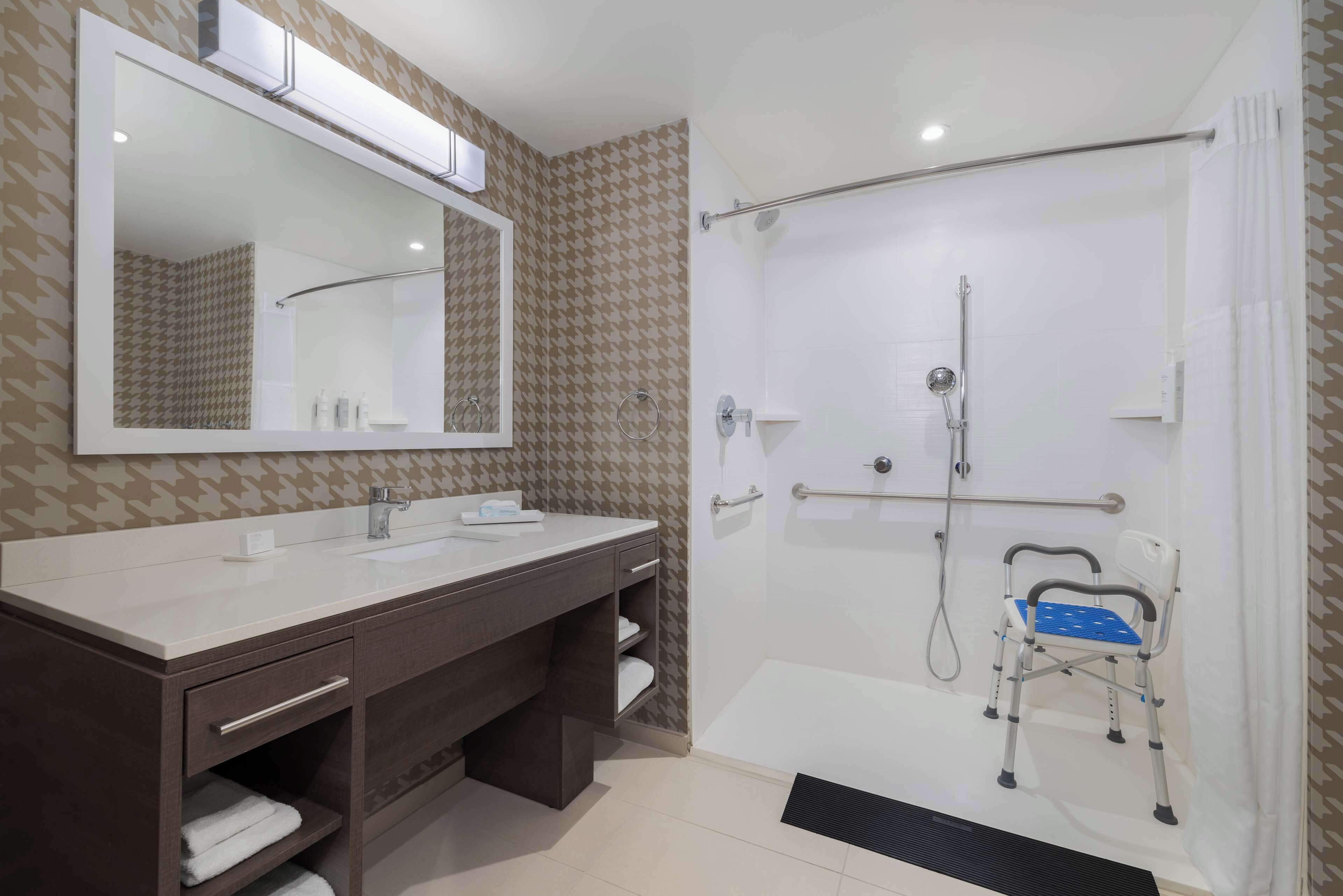 A bathroom with two sinks, a mirror, a shower with a handrail, and a wheelchair.