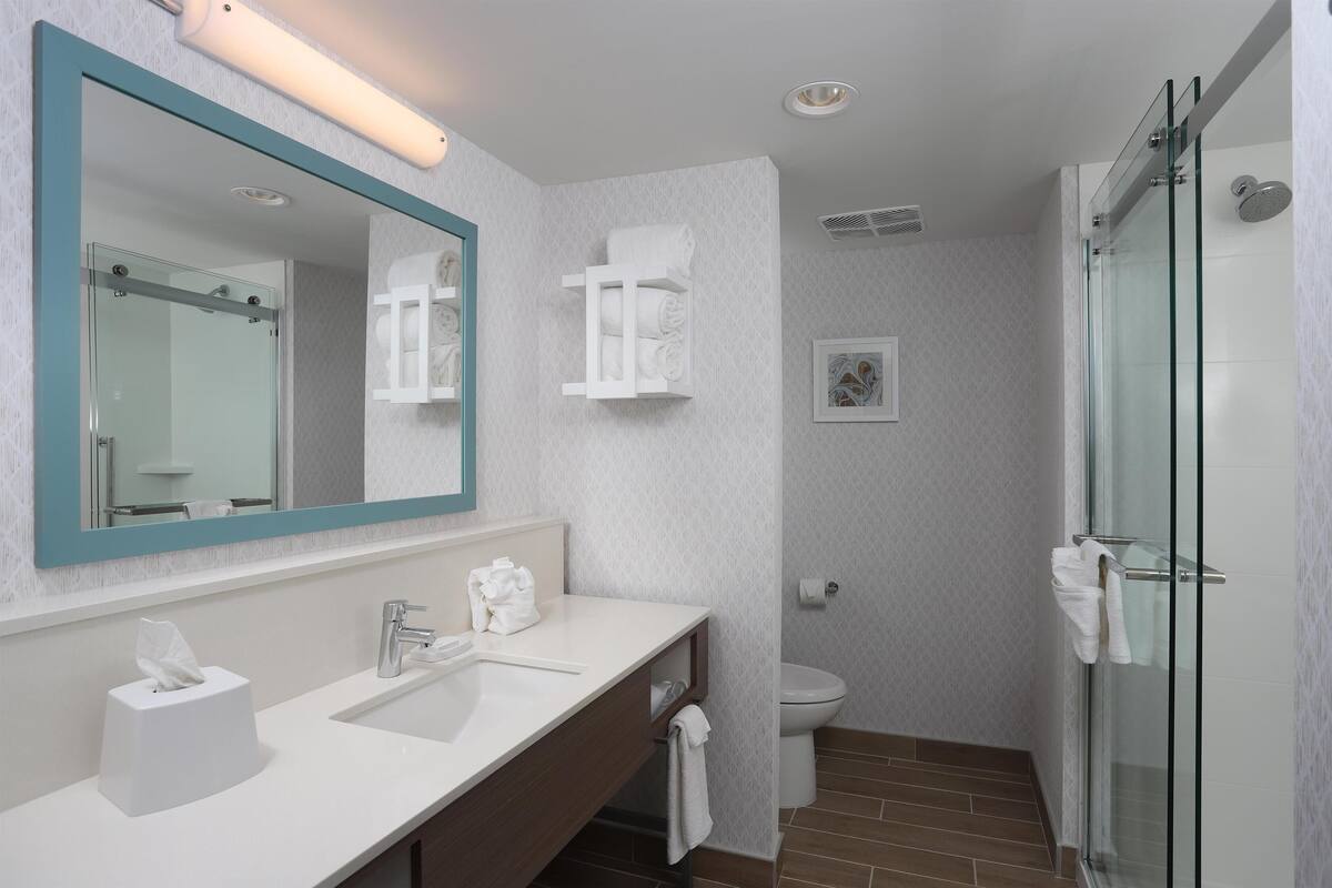 A modern bathroom with a large mirror, two sinks, a toilet, and a glass-enclosed shower.