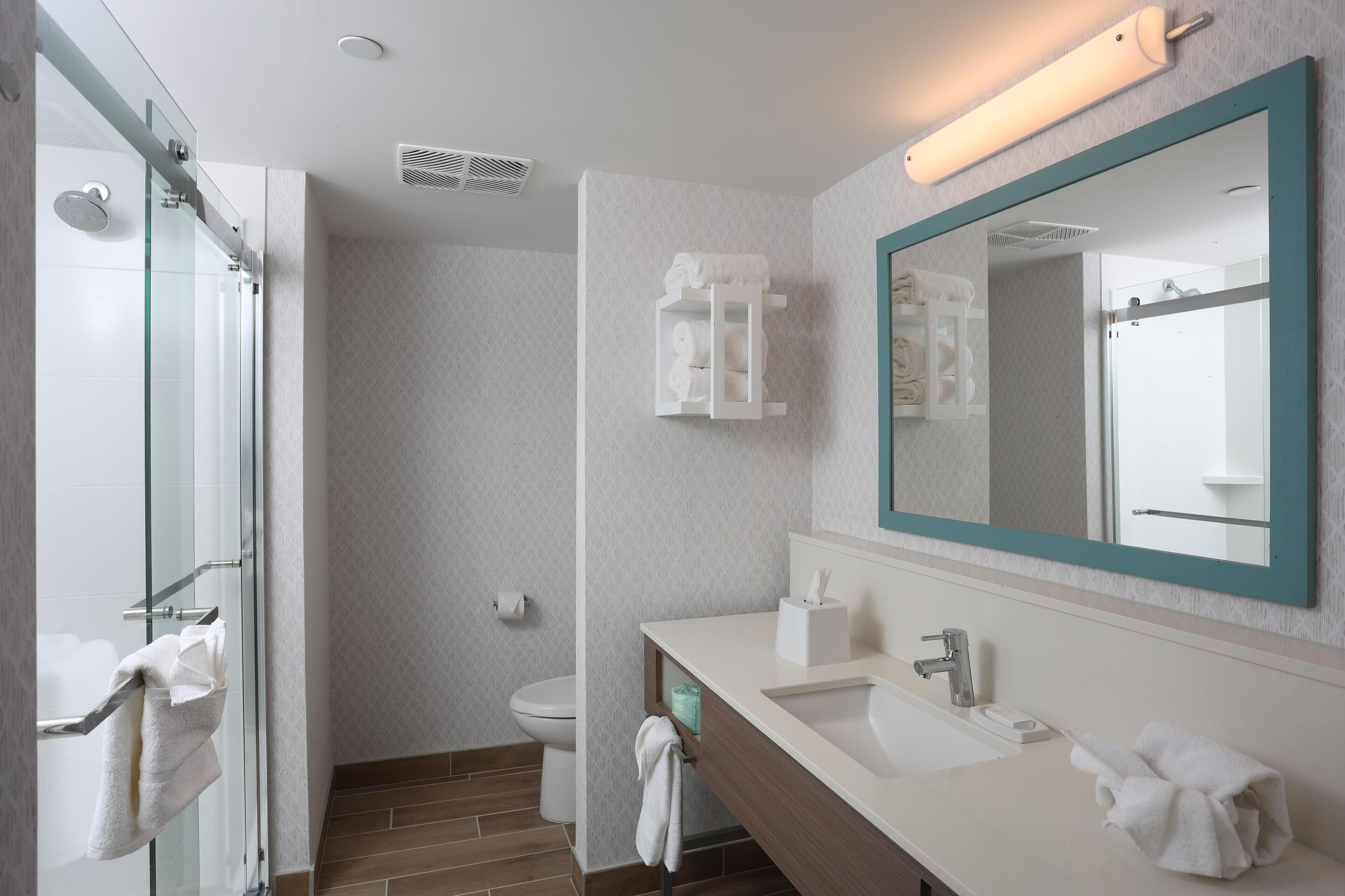 Un baño moderno con cabina de ducha de vidrio, un lavabo blanco y un espejo grande con marco verde azulado.