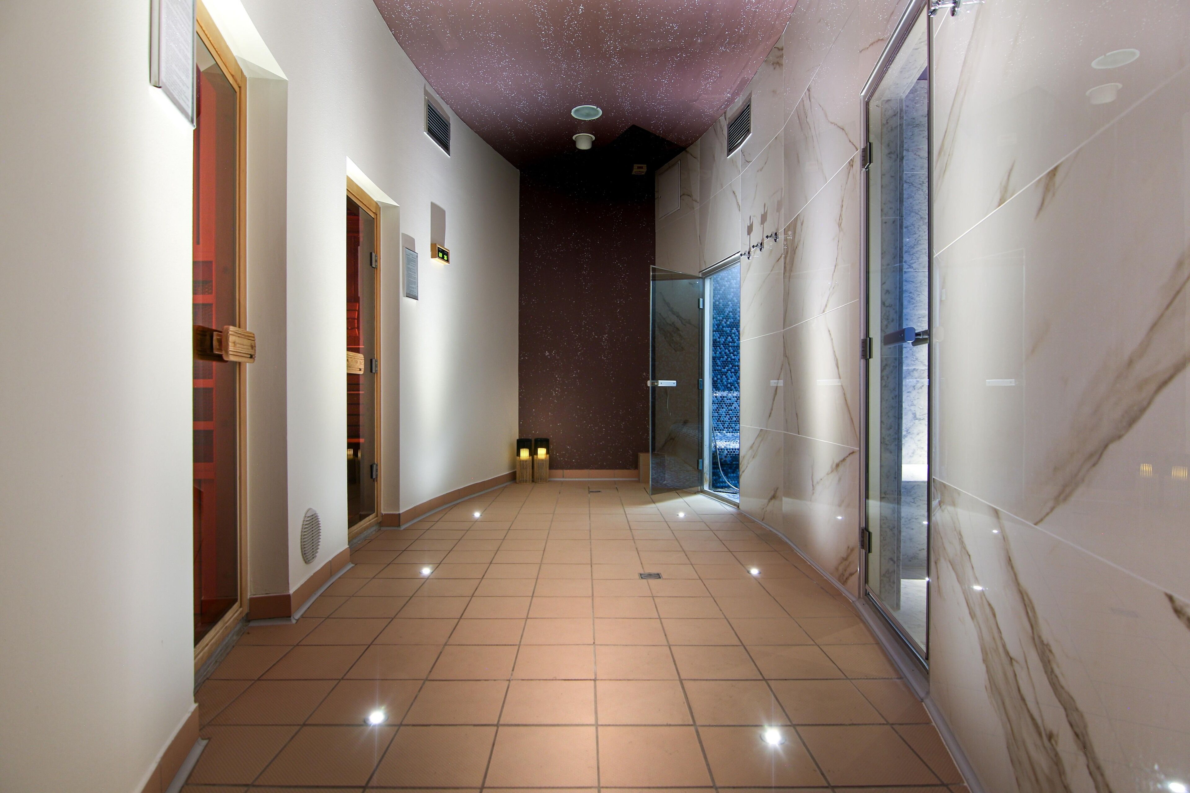 Un pasillo con suelo de baldosas, techo estrellado y puertas de cristal que dan a un baño.
