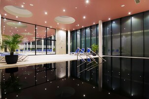 A modern indoor space with a reflective floor, blue chairs, and a potted plant.