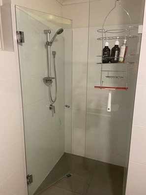 Dusche, Haartrockner, Handtücher, Toilettenpapier