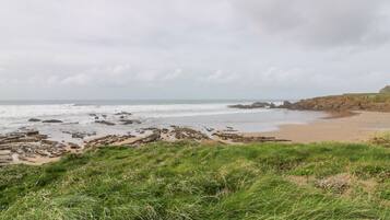 A coastal landscape with rocky outcrops, a sandy beach, and grassy areas.