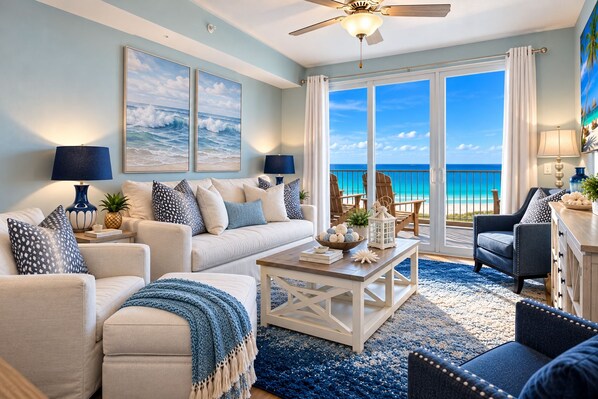 A living room with a large window overlooking a beach, a ceiling fan, and a coffee table with decorative items.