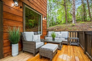 Terrace/patio - Harold's Hideaway: Luxe Cabin w/Privacy! Hot Tub* Fireplace + Firepit (Sevierville)