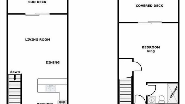 A floor plan of a two-story house with a sun deck, living room, dining area, kitchen, and two bedrooms labeled queen and double & twin. - Catchin' A Dream - 3BR Turtle Cove Unit - Sunset Views, Comm. Pool & Beach (Surf City)