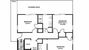 A first-floor floor plan of a property at 123 N. Shore Drive, featuring a covered deck, two bedrooms with queen beds, a tub in each bedroom, and a W/D room. - No Regrets - 4 BR home in the heart of Surf City!  Dog Friendly! (Surf City)