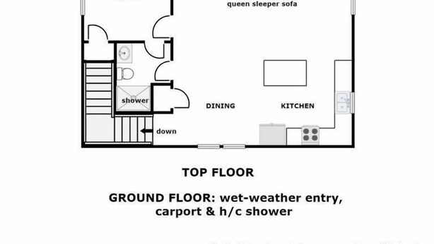 A floor plan of a house at 123 N. Shore Drive with a sun deck, bedroom queen, living room queen sleeper sofa, dining, kitchen, and a wet-weather entry, carport, and h/c shower on the ground floor. - No Regrets - 4 BR home in the heart of Surf City!  Dog Friendly! (Surf City)