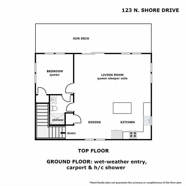 A floor plan of a house at 123 N. Shore Drive with a sun deck, bedroom queen, living room queen sleeper sofa, dining, kitchen, and a wet-weather entry, carport, and h/c shower on the ground floor. - No Regrets - 4 BR home in the heart of Surf City!  Dog Friendly! (Surf City)