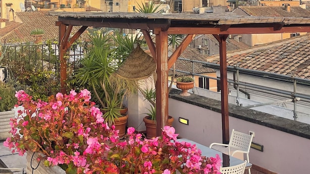 A rooftop terrace with potted plants and a pergola.