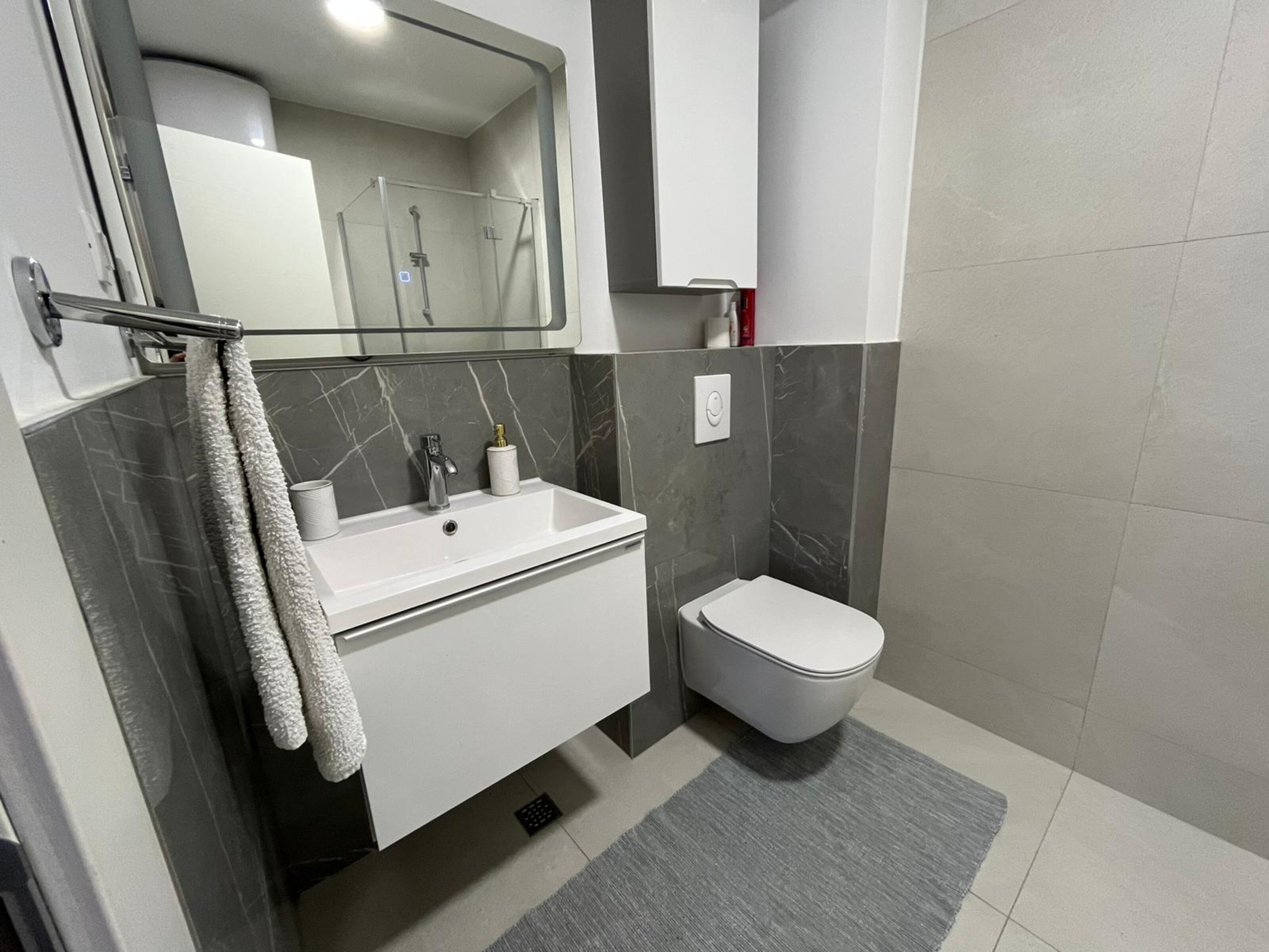 A modern bathroom with a white sink, a toilet, and a glass shower enclosure.