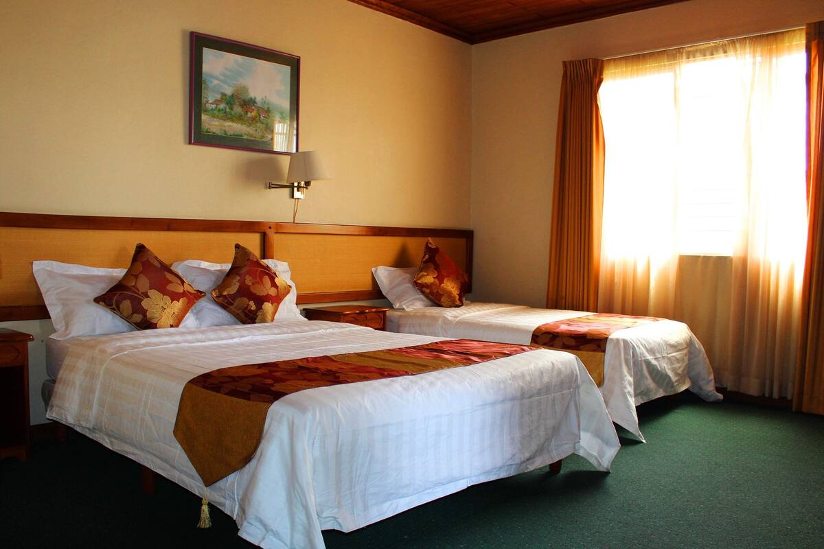 Camera d'albergo con due letti, un comodino, una lampada, un quadro e una finestra con tende.