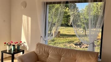 Villa estándar | Área de sala de estar | Televisión de pantalla plana, chimenea y piso con calefacción