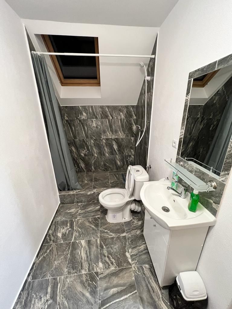 Un baño pequeño con ducha, inodoro y lavamanos.