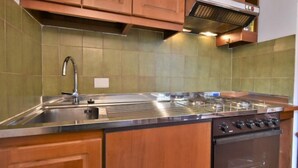 A kitchen with wooden cabinets, a stainless steel sink, and a built-in oven. - Stefania by Interhome (Aprica)