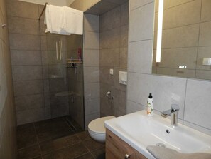 Apartment (Chefs One Bedroom Apartment 1) | Bathroom | Shower, towels - Guesthouse Pr'šefu (Brežice)