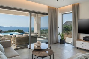 Luxury Villa, 4 Bedrooms, Private Pool, Sea View | Living area | 65-inch Smart TV with satellite channels, TV, Netflix