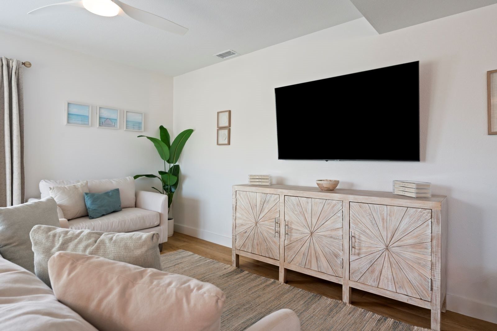 Una sala de estar con sofá, planta, aparador y televisor.