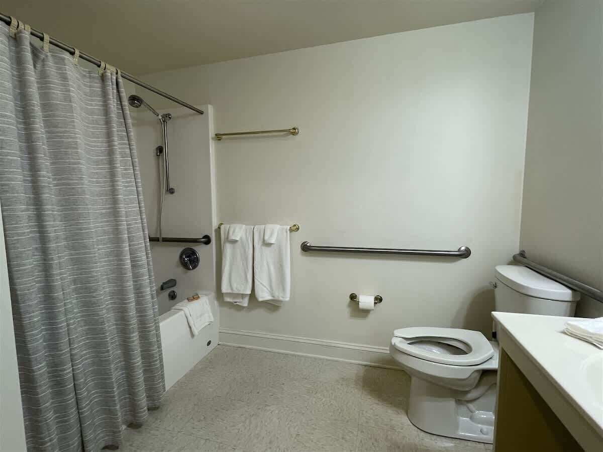 A bathroom with a shower, toilet, and bathtub. There are grab bars and a towel rack.