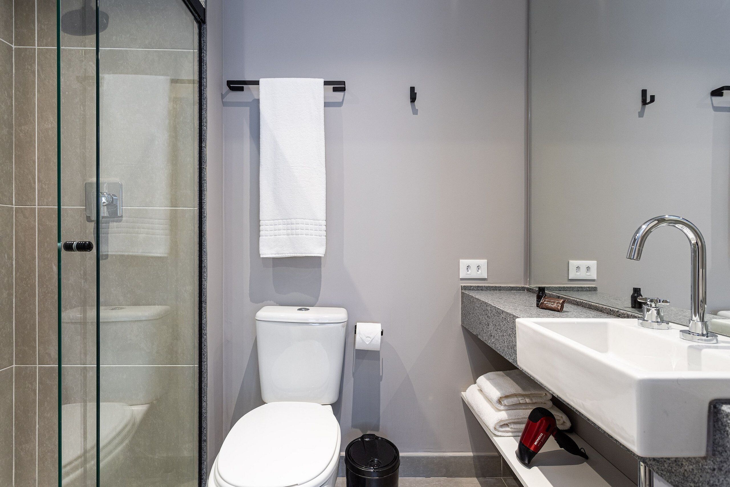 A modern bathroom with a glass shower enclosure, a white toilet, a sink with a mirror, and a towel rack.