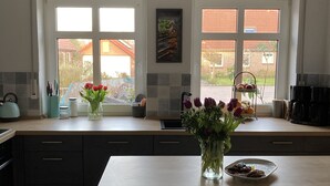 A kitchen with two windows, a vase with flowers, and a plate of food on the counter. - North Sea coast, charming Frisian house with fireplace, conservatory, sauna, beach chair (Wangerland)