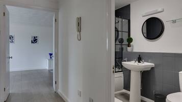 Hair dryer, towels, toilet paper