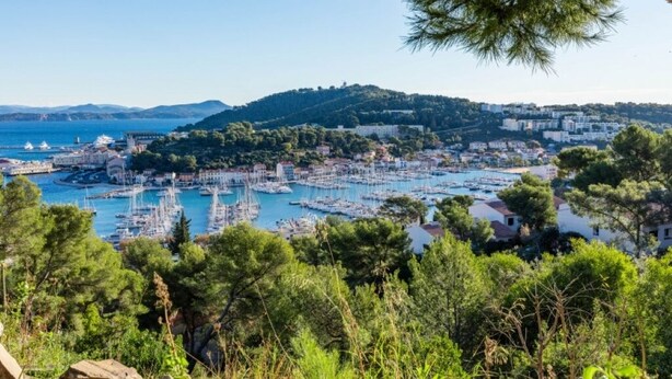 Uma vila costeira com um porto cheio de barcos, rodeada por colinas e vegetação.