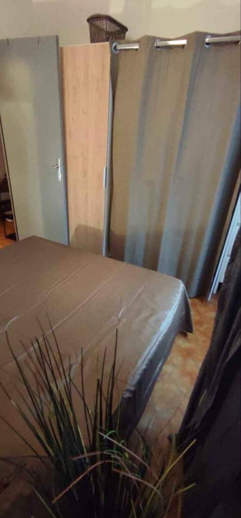 Une pièce avec un lit, des rideaux, une armoire en bois et une plante.